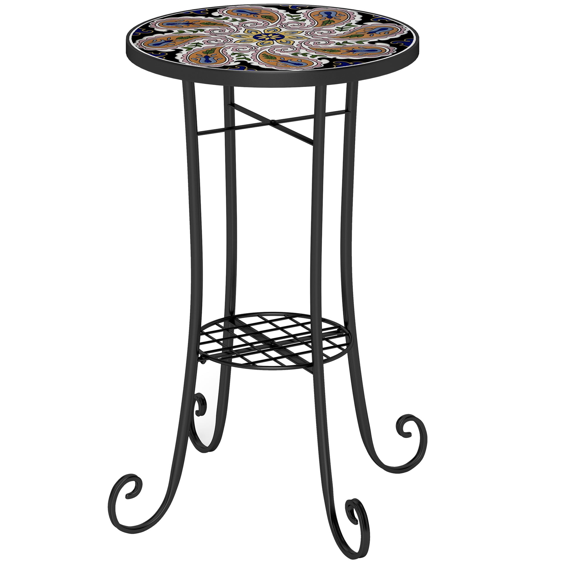Photo of Outsunny Mosaic Garden Table, 35.5 cm Round Outdoor Table with Shelf, Ceramic Tile Top, Small Garden Side Table Bistro Table End Table Plant Stand for Indoor, Patio, Balcony, Orange in Orange colour on a white background