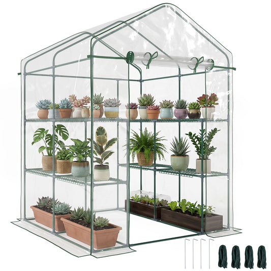 Walk-in greenhouse with clear cover, dark green steel frame, shelves and roll-up door