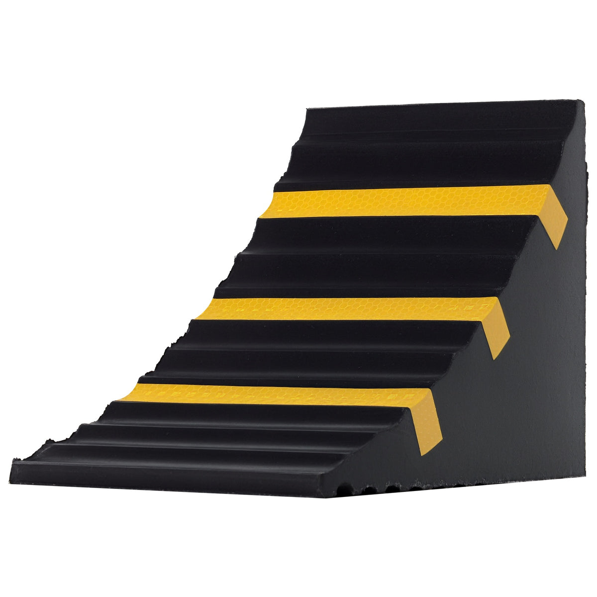 Black rubber wheel chock with three yellow reflective strips and a ridged ramp surface