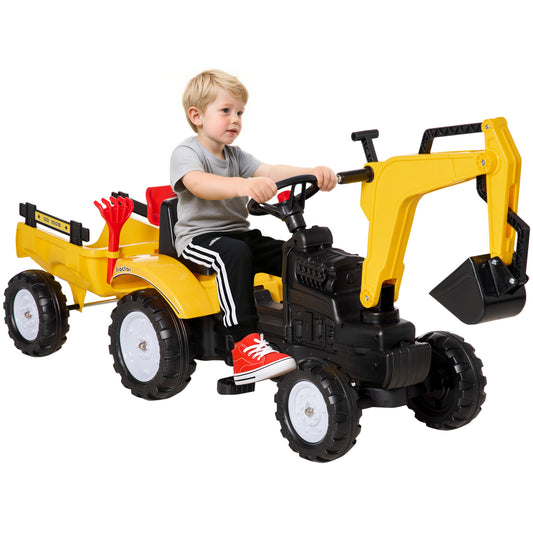 Yellow ride-on construction car with detachable trailer, front bucket, and a child at the controls