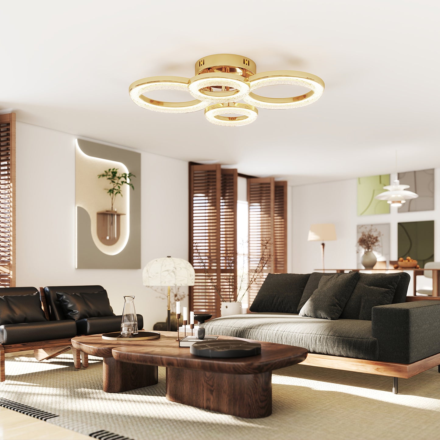 HOMCOM LED Ceiling Light, Modern Dimmable 4 Rings Ceiling Lamp with Wall Switch, 40W 4350lm Flush Mount Ceiling Light with 3500K/4500K/6000K Colour Temperatures for Living Room, Bedroom, Gold Tone