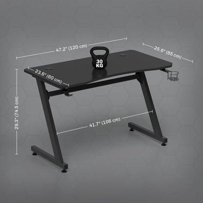 Black gaming desk with steel frame, cup holder and adjustable feet; 120 by 65 cm