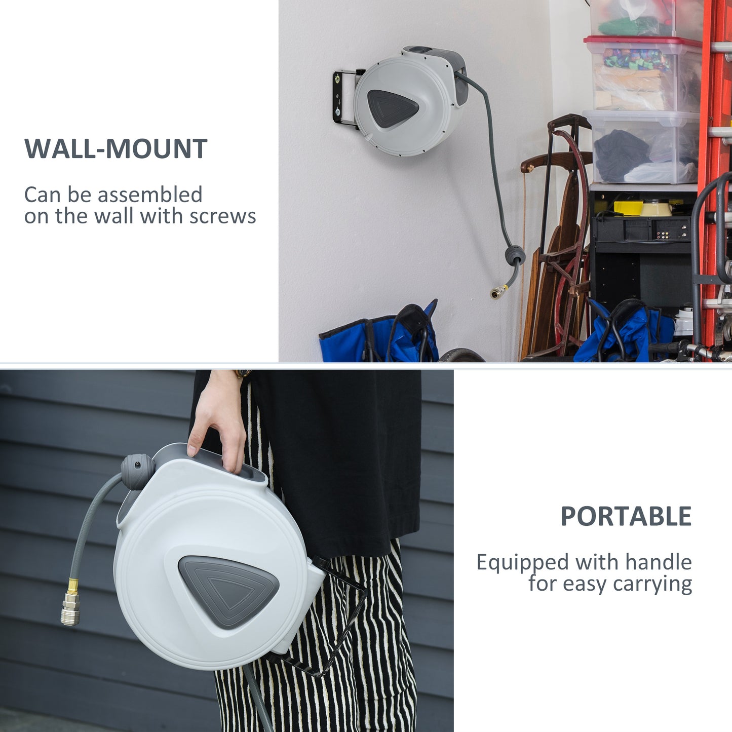 DURHAND Retractable Air Hose Reel, Wall Mount Auto Rewind Hose- Reel, 10m+ 90cm Diameter 3/ 8" 9.5mm, Connector 1/ 4" BSP, Grey