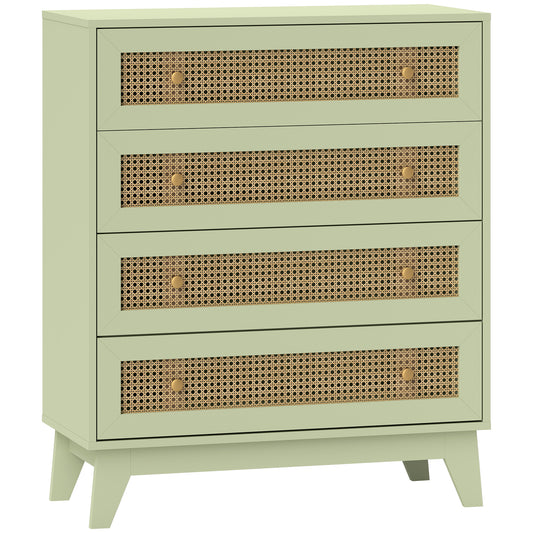 Photo of HOMCOM Rattan Chest of Drawers, 4 Drawer Storage Unit with Tapered Legs, Bedroom Storage Organiser Dresser for Bedside, Entryway, Hallway, Living Room, Light Green in Green colour on a white background