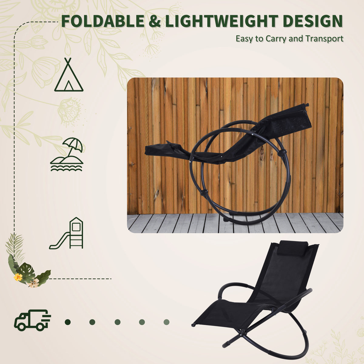 Black foldable rocking chaise shown folded and open