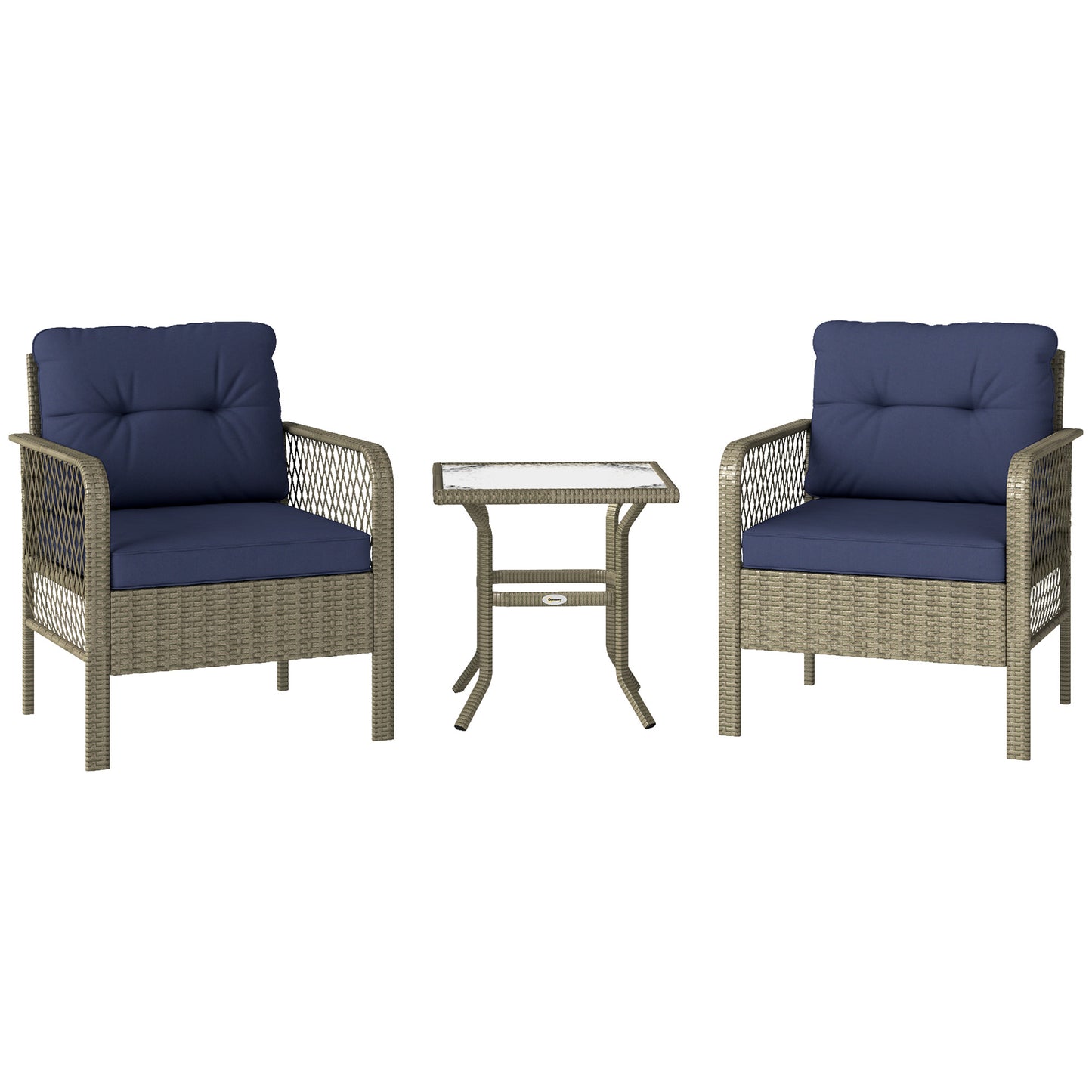 Photo of Outsunny 3 Pieces Rattan Bistro Set with Glass Top Coffee Table, Chairs and Cushions for Outdoor, Patio, Balcony, Charcoal Grey in Grey colour on a white background