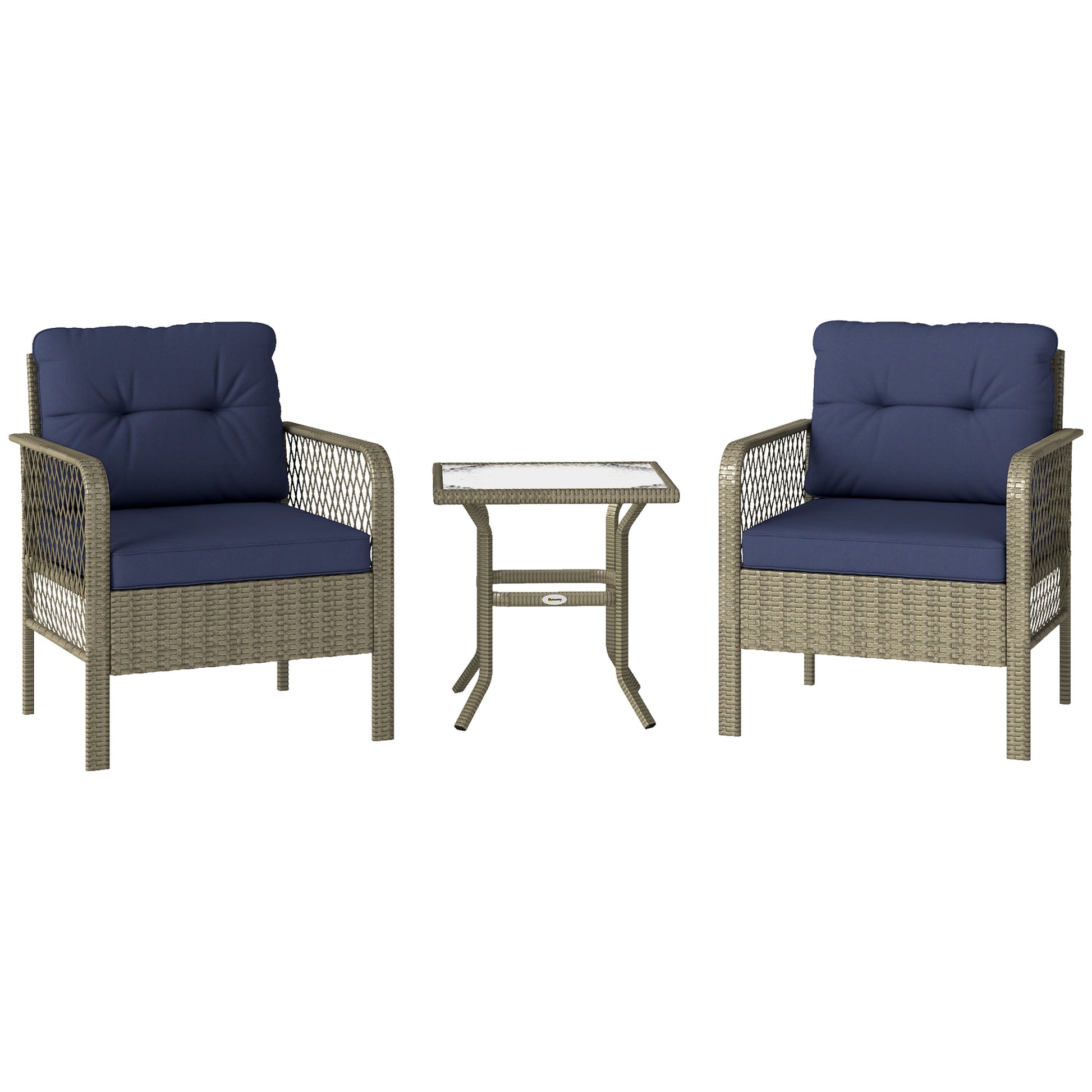 Photo of Outsunny 3 Pieces Rattan Bistro Set with Glass Top Coffee Table, Chairs and Cushions for Outdoor, Patio, Balcony, Charcoal Grey in Grey colour on a white background