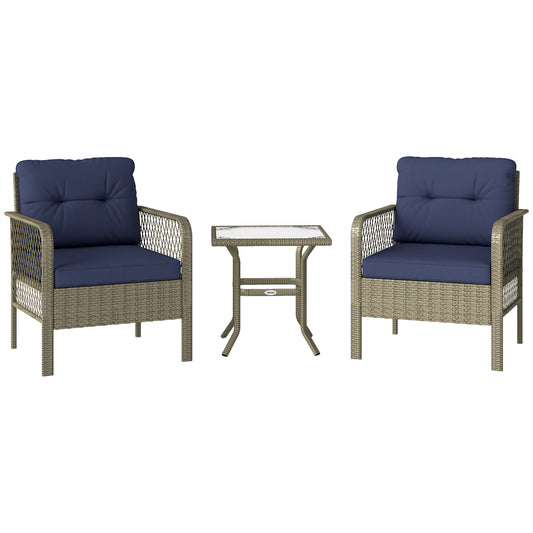 Photo of Outsunny 3 Pieces Rattan Bistro Set with Glass Top Coffee Table, Chairs and Cushions for Outdoor, Patio, Balcony, Charcoal Grey in Grey colour on a white background