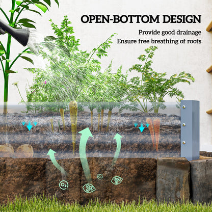 Open-bottom steel planter shown with soil drainage and root airflow
