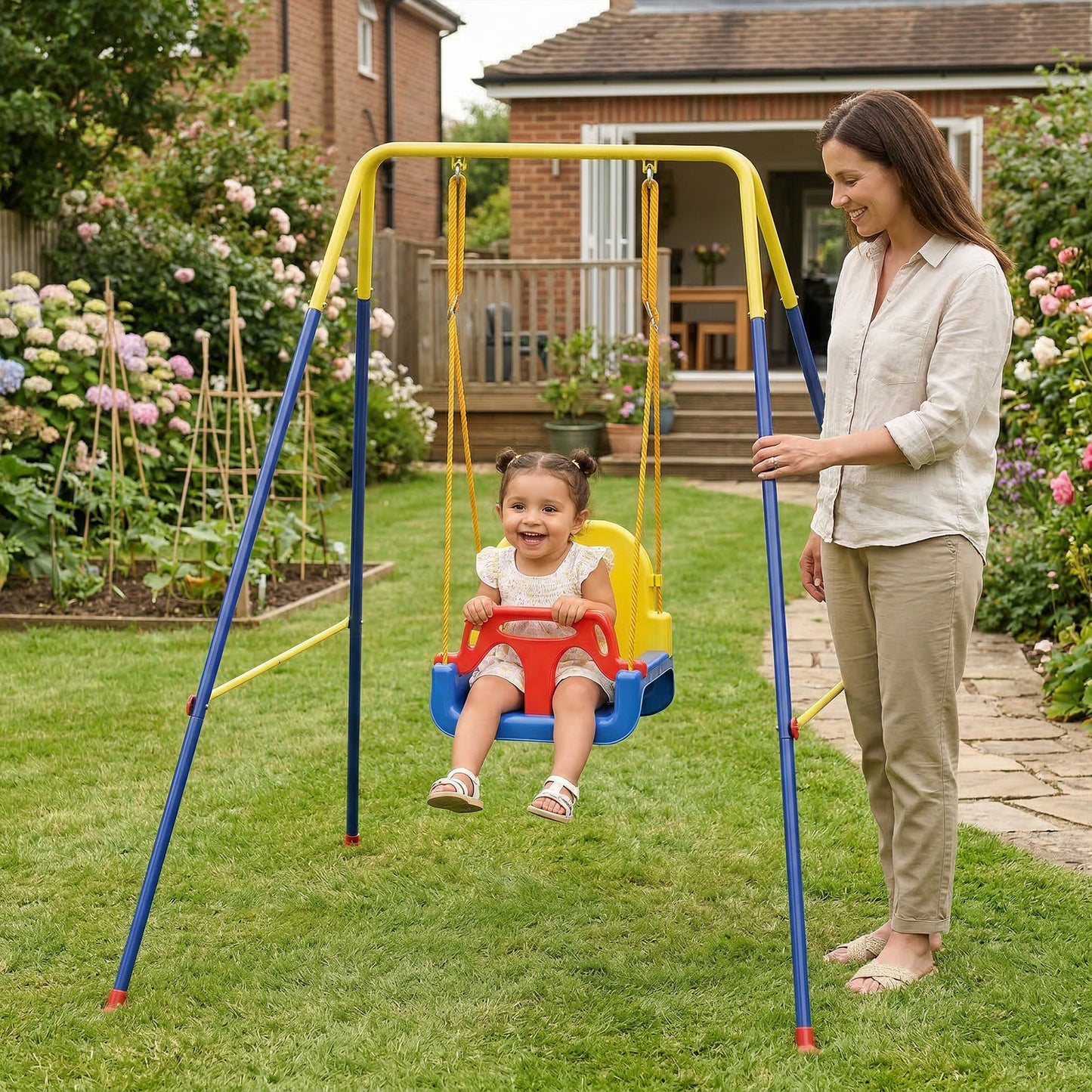AIYAPLAY 3 in 1 Toddler Swing Set, Folding Child Swing Set with Seat Belt, Adjustable Seat for Outdoor Indoor, Blue