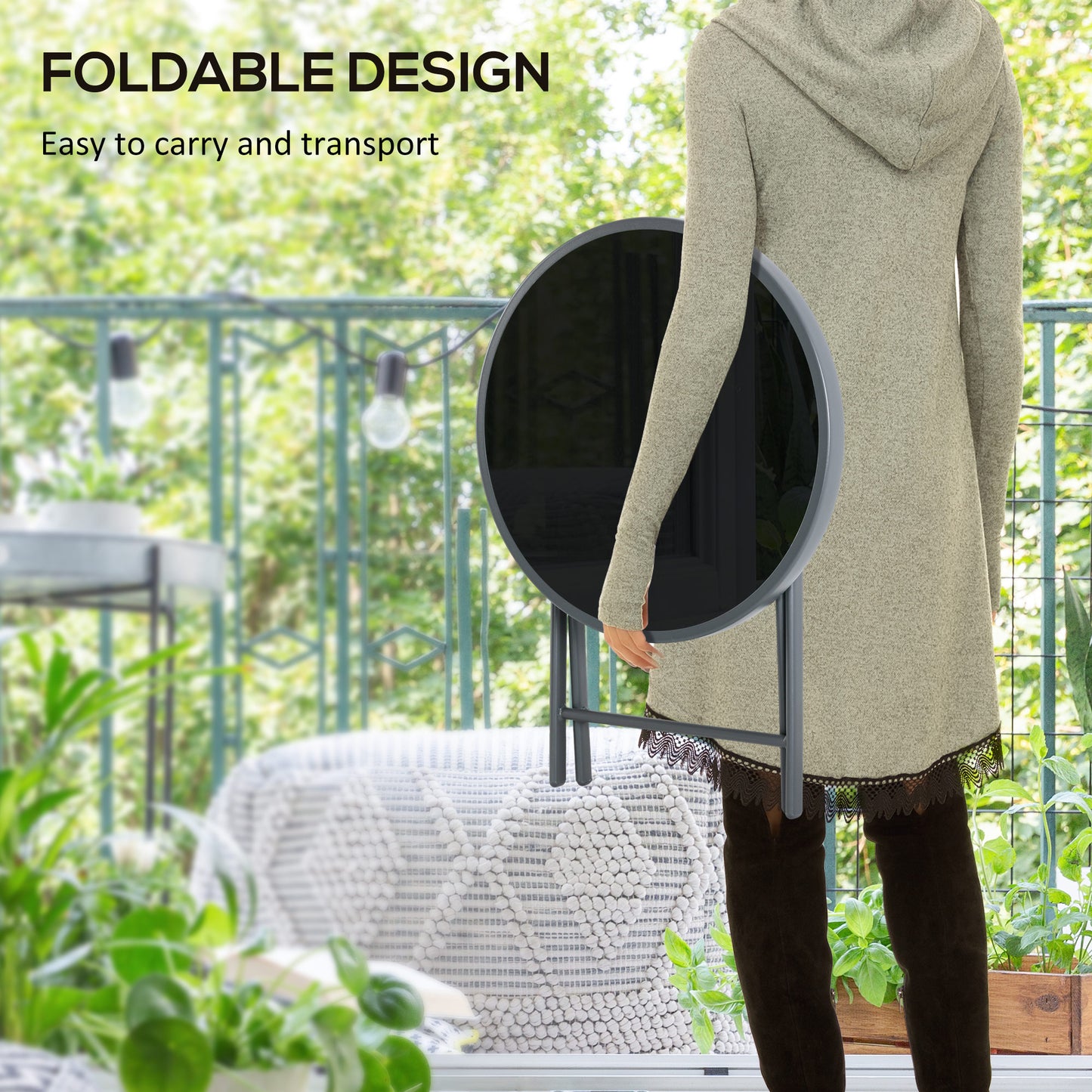 Outsunny Φ45cm Garden Side Table, Outdoor Round Folding Patio Table with Imitation Marble Glass Top, Small Coffee Table, Black