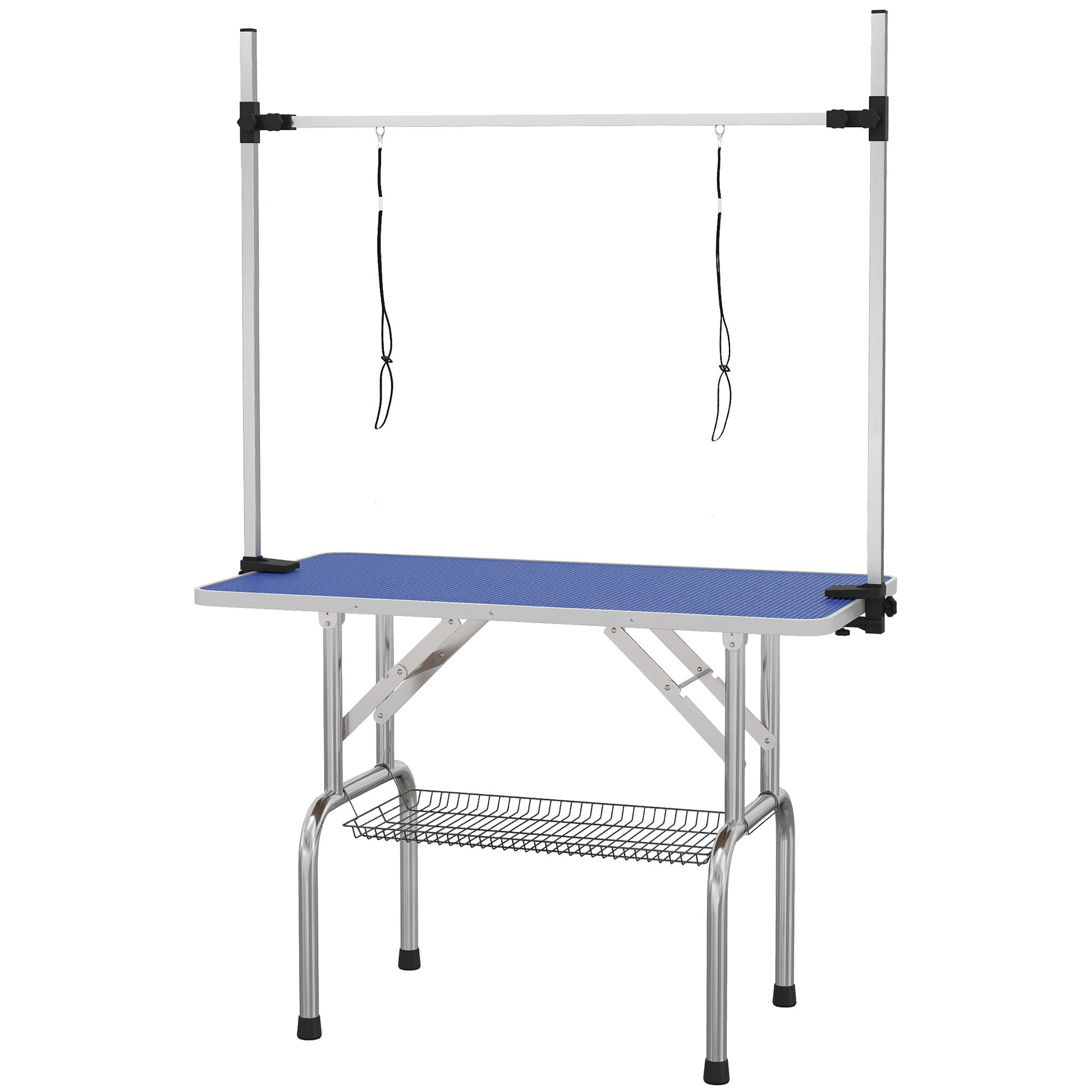 Photo of PawHut 42" Dog Grooming Table, Adjustable Pet Cat Drying Beauty Table with 2 Loops Storage Basket, Rubber Top, Blue in Blue colour on a white background