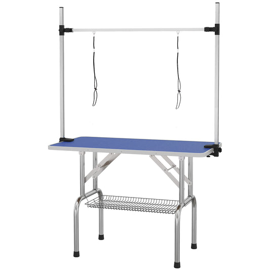 Photo of PawHut 42" Dog Grooming Table, Adjustable Pet Cat Drying Beauty Table with 2 Loops Storage Basket, Rubber Top, Blue in Blue colour on a white background