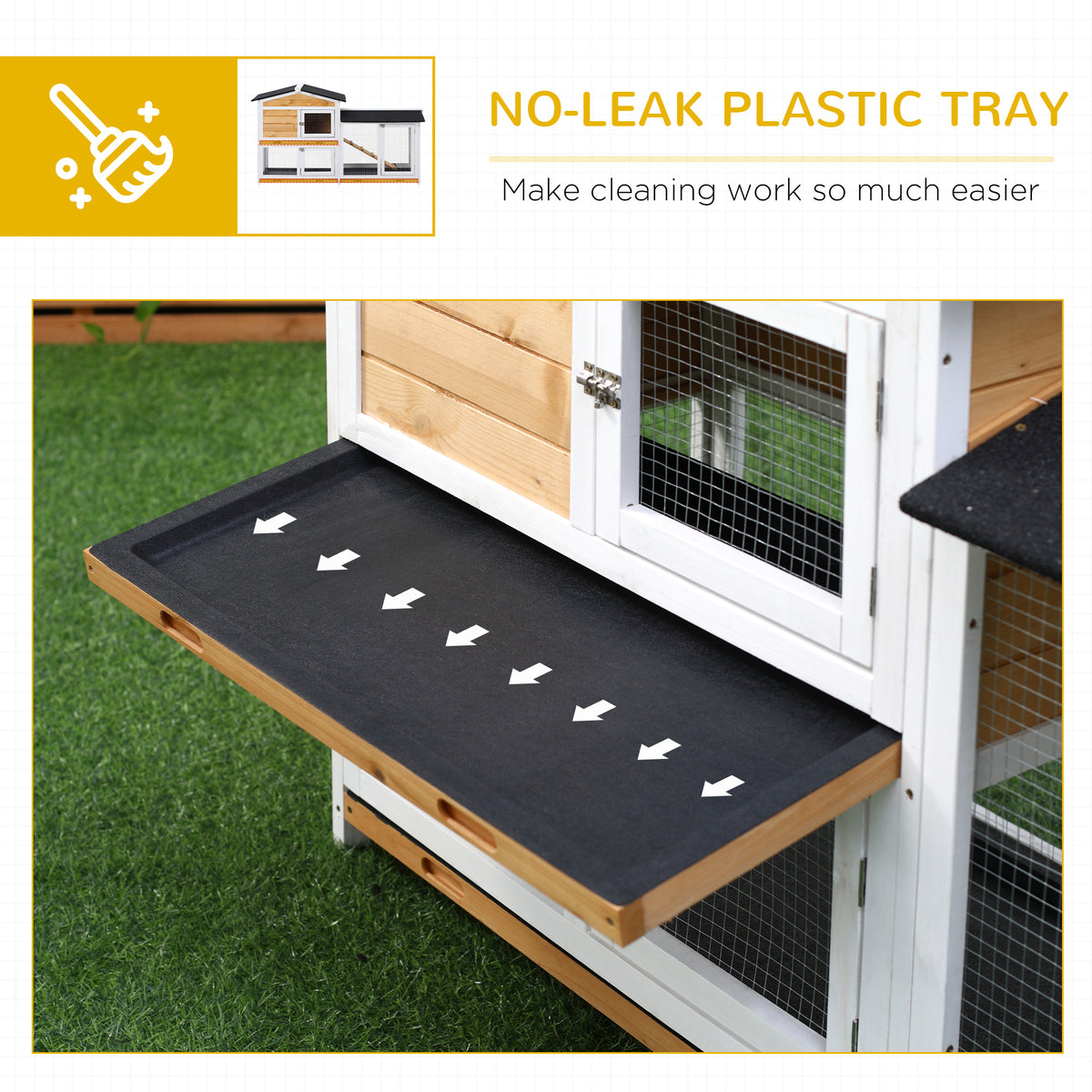 PawHut 2 Tier Rabbit Hutch with No-leak Plastic Trays Wooden Guinea Pig Hutch with Run, Yellow