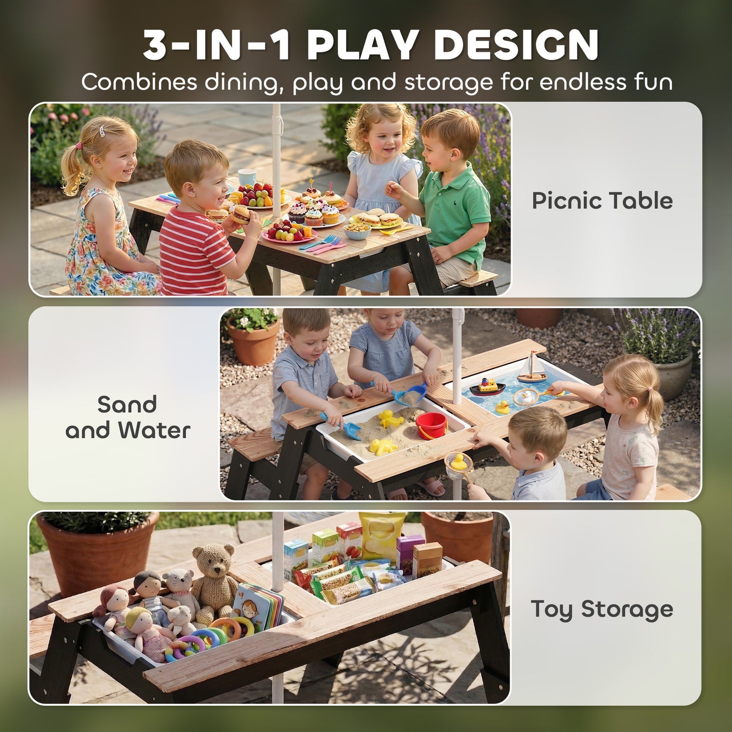 AIYAPLAY Kids Garden Furniture with Parasol, 3 in 1 Wooden Sand and Water Table with 2 Hidden Play Boxes for Patio, Ages 3-6