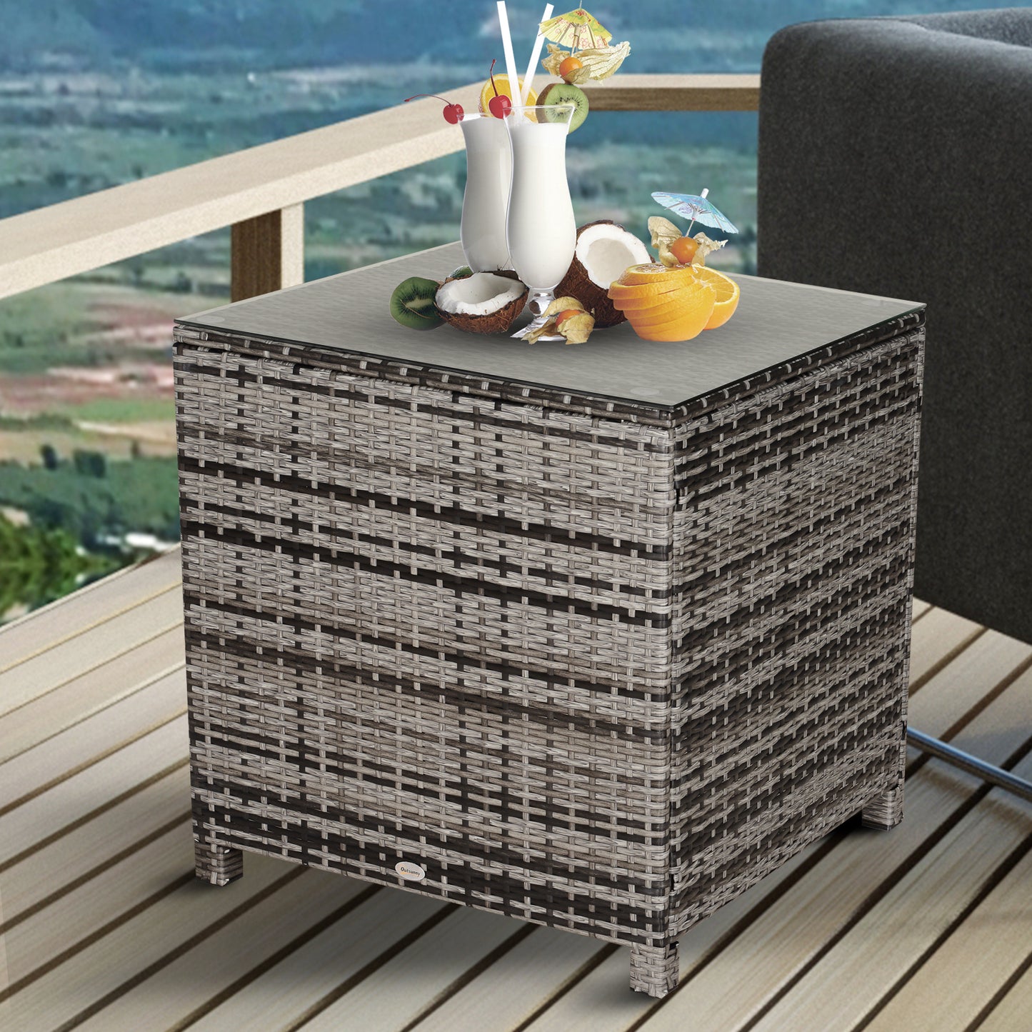 Photo of Outsunny Square PE Rattan Garden Table, with Glass Table Top - Grey in Grey colour on a white background