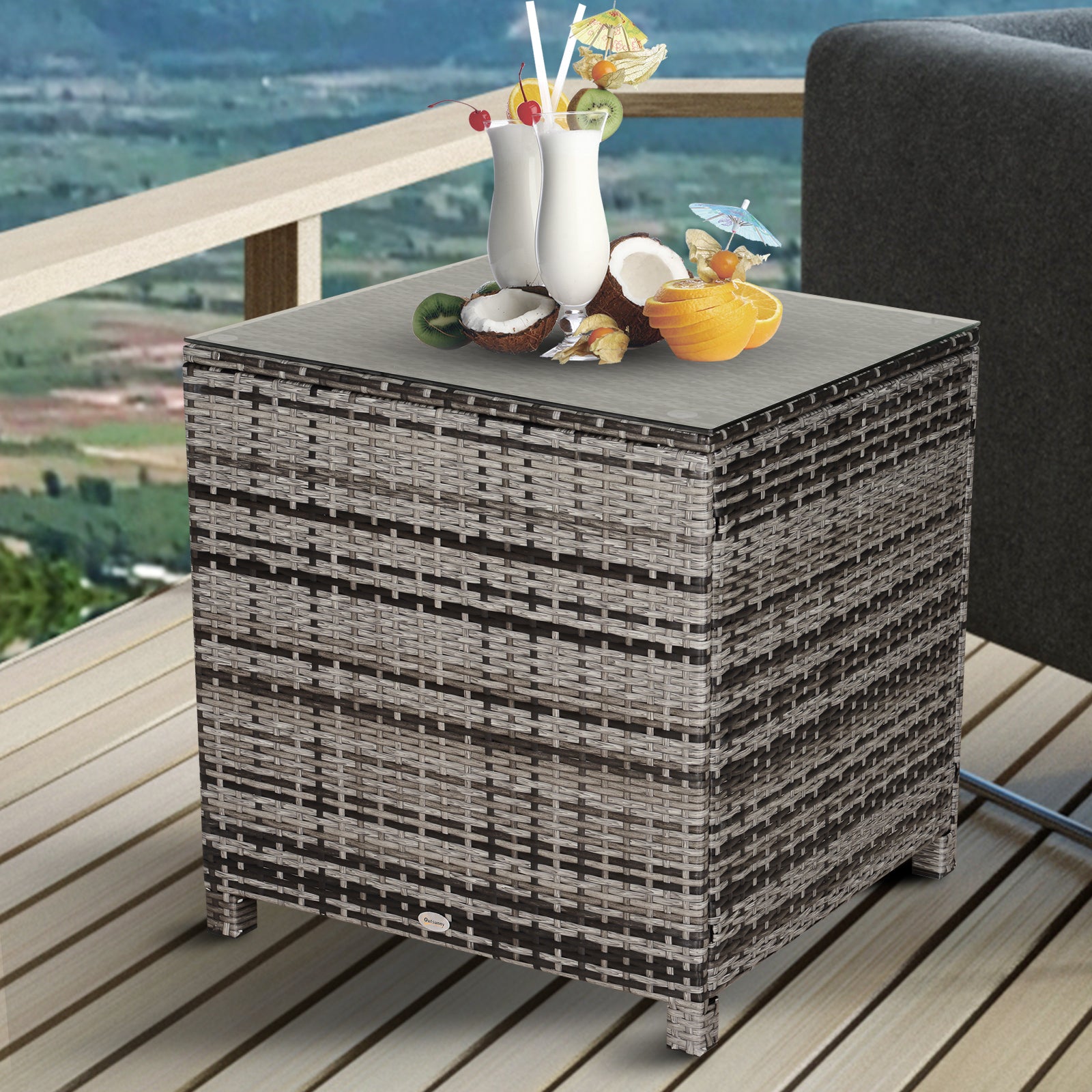 Photo of Outsunny Square PE Rattan Garden Table, with Glass Table Top - Grey in Grey colour on a white background