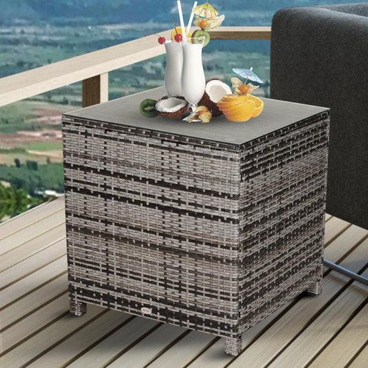 Photo of Outsunny Square PE Rattan Garden Table, with Glass Table Top - Grey in Grey colour on a white background