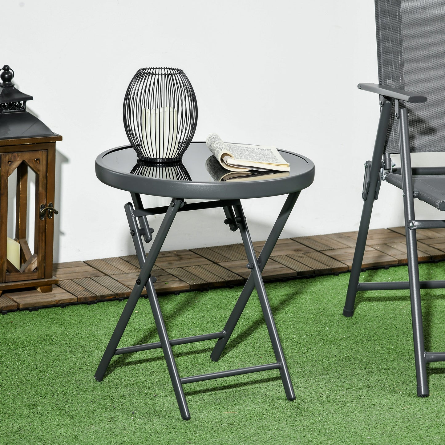 Outsunny Φ45cm Garden Side Table, Outdoor Round Folding Patio Table with Imitation Marble Glass Top, Small Coffee Table, Black