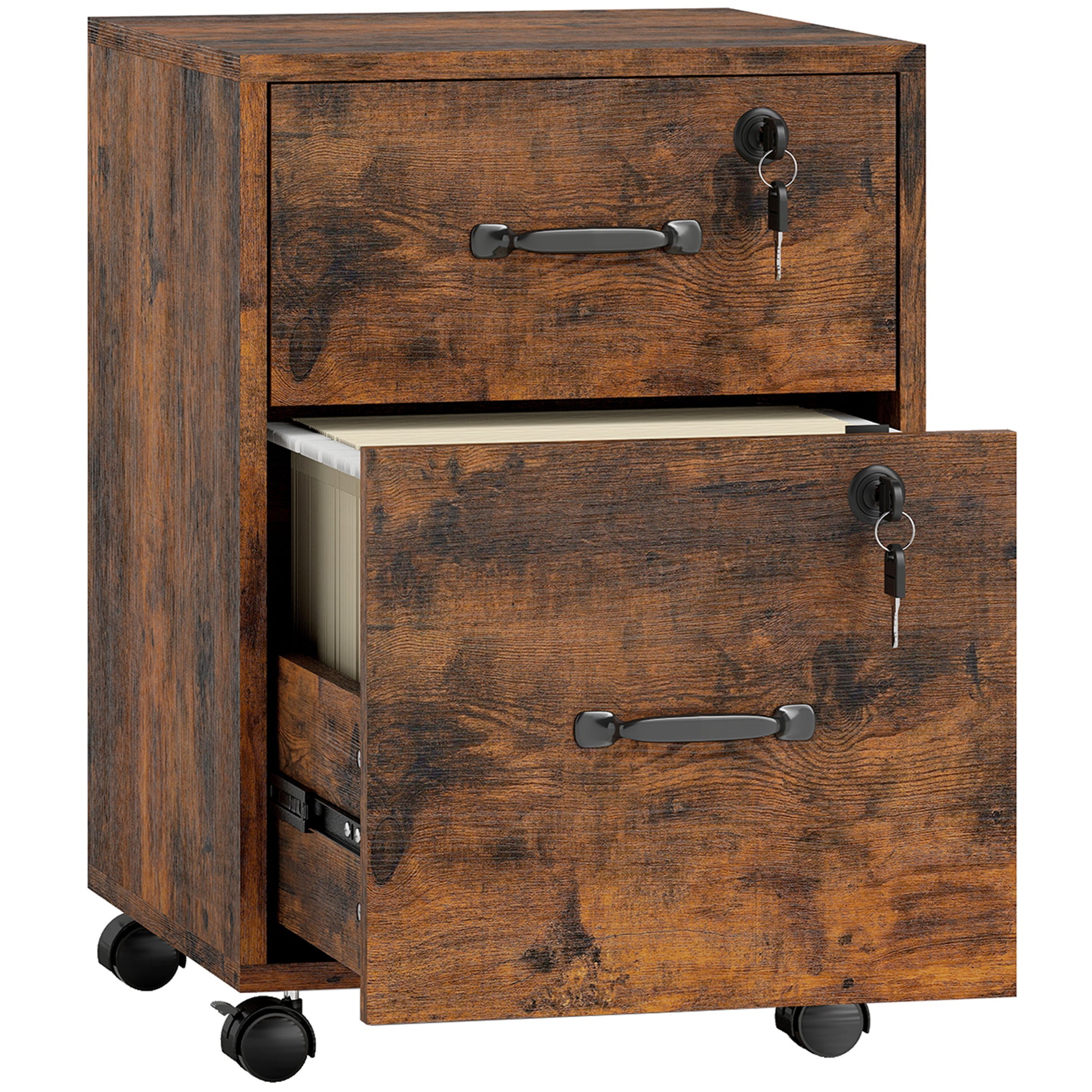 Photo of HOMCOM Rolling File Cabinet with 2 Drawers, Mobile Filing Cabinet with Hanging File Folder for Letter Sized Documents, Rustic Brown in Brown colour on a white background
