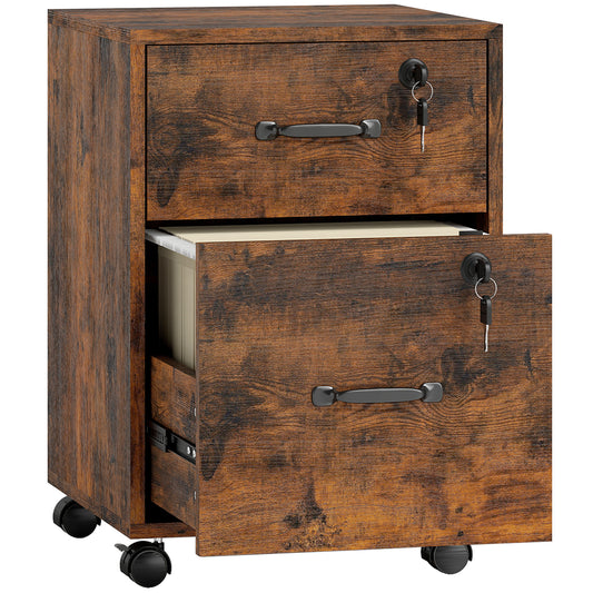 Photo of HOMCOM Rolling File Cabinet with 2 Drawers, Mobile Filing Cabinet with Hanging File Folder for Letter Sized Documents, Rustic Brown in Brown colour on a white background