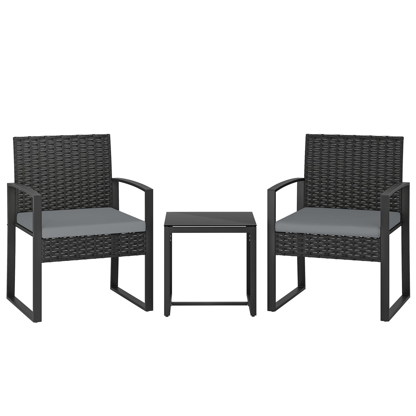 Photo of Outsunny Rattan Bistro Set, 3 Piece Garden Furniture Set with Glass Top Table and Cushions, Light Grey in Grey colour on a white background