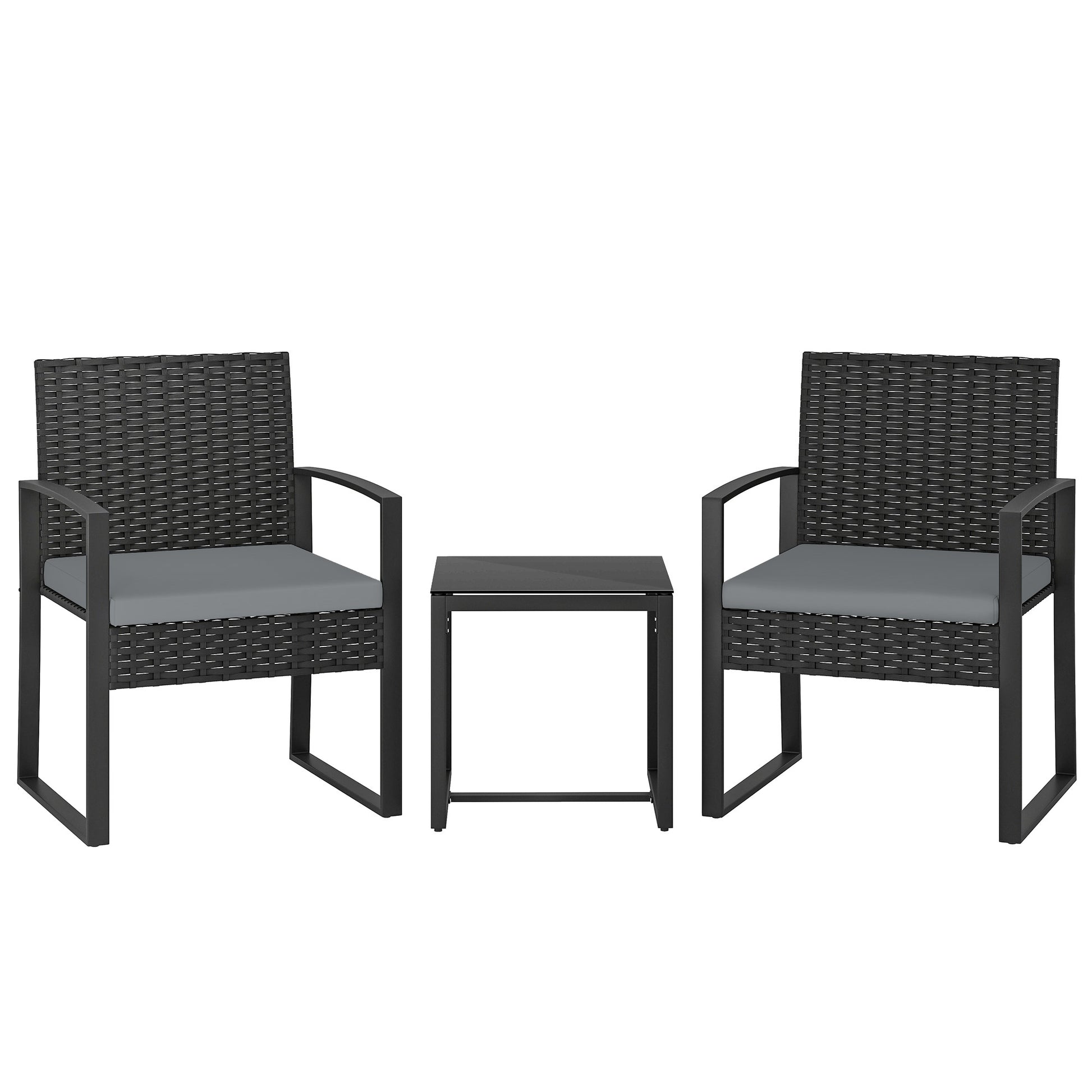 Photo of Outsunny Rattan Bistro Set, 3 Piece Garden Furniture Set with Glass Top Table and Cushions, Light Grey in Grey colour on a white background