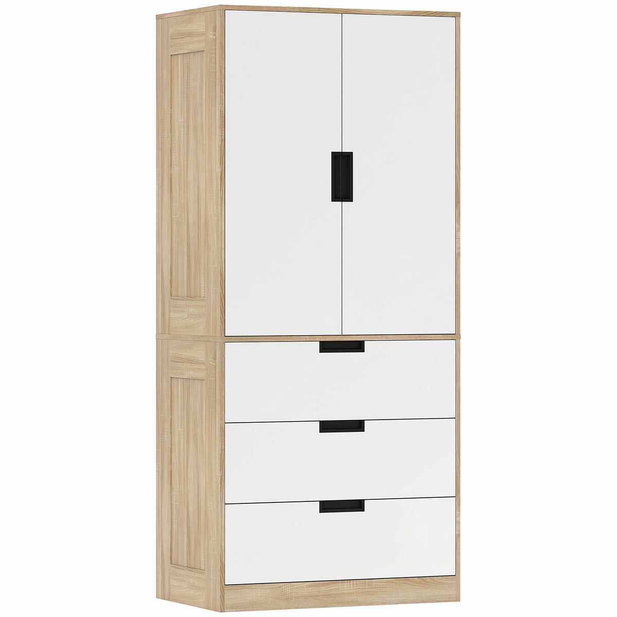 Photo of HOMCOM Modern Clothes Storage Cupboard Unit, 3 Drawer 2 Door Wardrobe with Hanging Rod, Oak in Oak colour on a white background