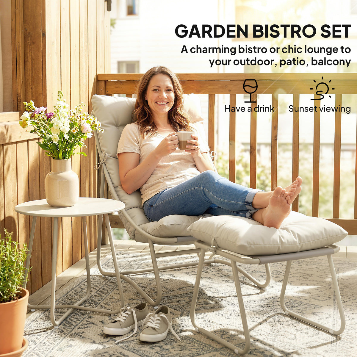 Outsunny Bistro Set for Garden, 3 Piece Outdoor Table and Chair with Footstool and Removable Cushions, Comfy Balcony Furniture