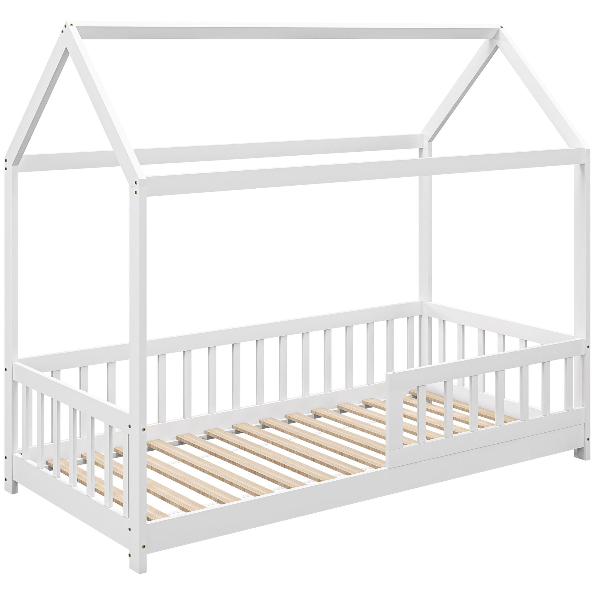 Photo of HOMCOM House-Shaped Kids Bed Frame with Guard Rails, Solid Pine Wood Single Bed Frame for Kids Boys and Girls in Girls colour on a white background