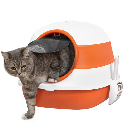 Photo of PawHut Foldable Cat Litter Tray with Lid, Deodorant, Scoop, Orange in Orange colour on a white background