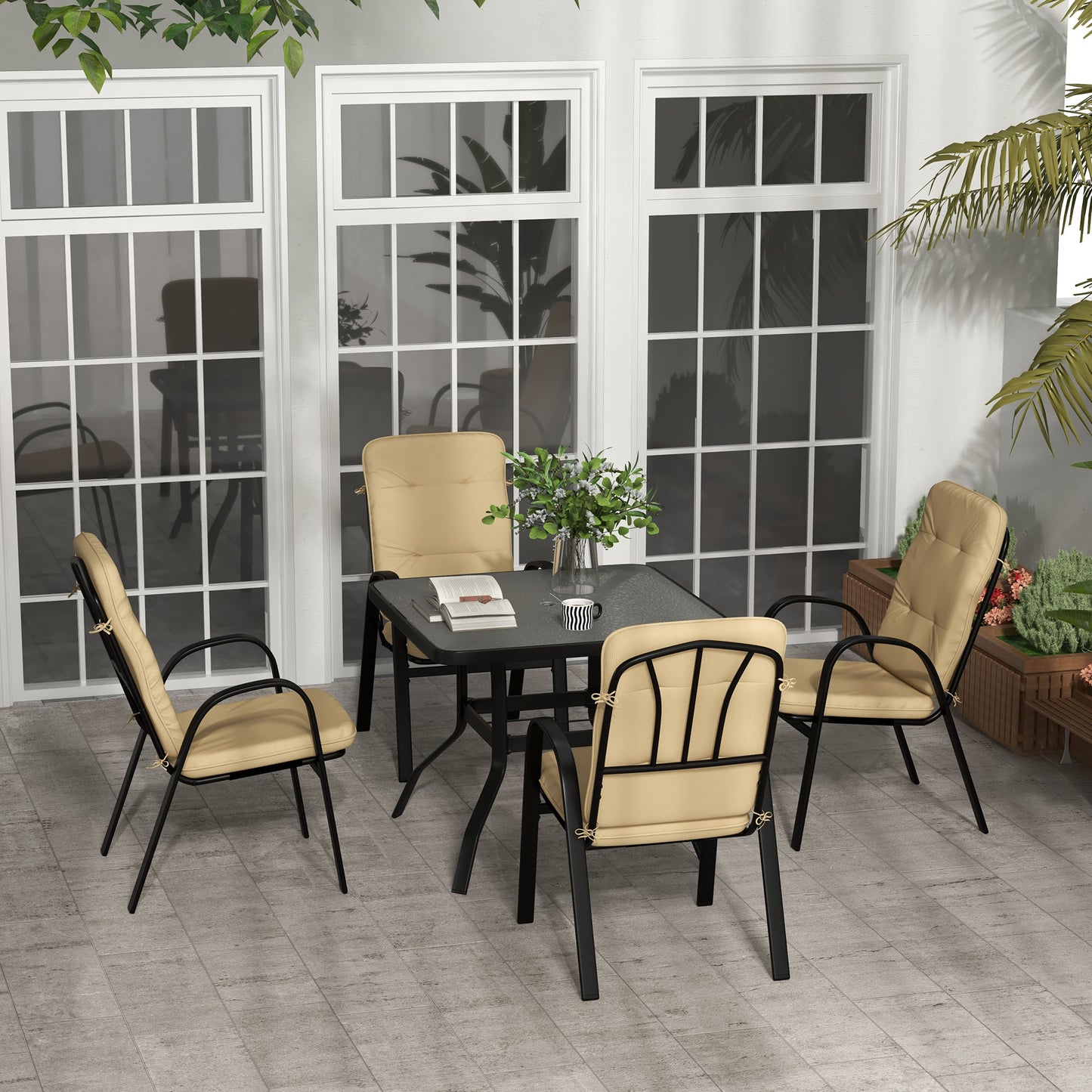 Outsunny 5 Pieces Outdoor Square Garden Dining Set for Small Garden with Tempered Glass Dining Table 4 Cushioned Armchairs, Umbrella Hole, Beige