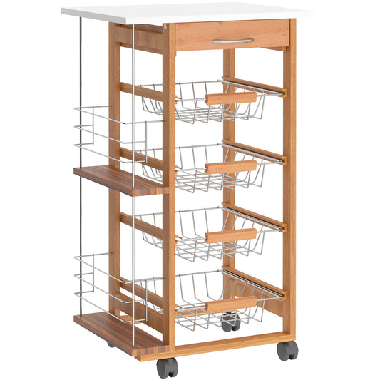 Photo of HOMCOM Rolling Kitchen Cart, Utility Storage Cart with 4 Basket Drawers & Side Racks, Wheels for Dining Room, Brown in Brown colour on a white background