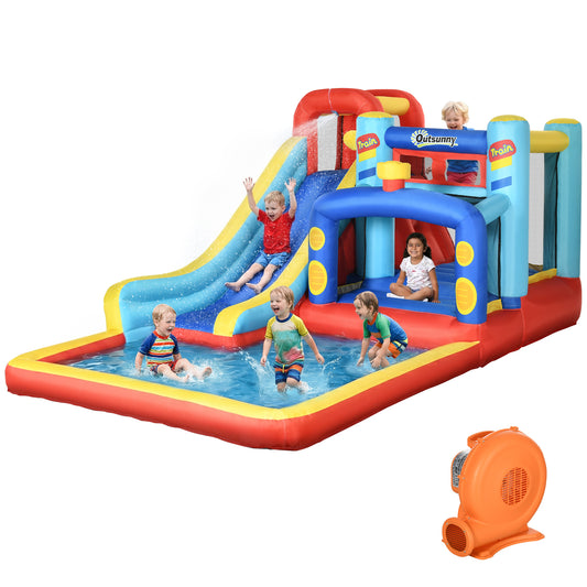 Outsunny bouncy castle with slide, trampoline, climbing wall, splash pool and orange blower
