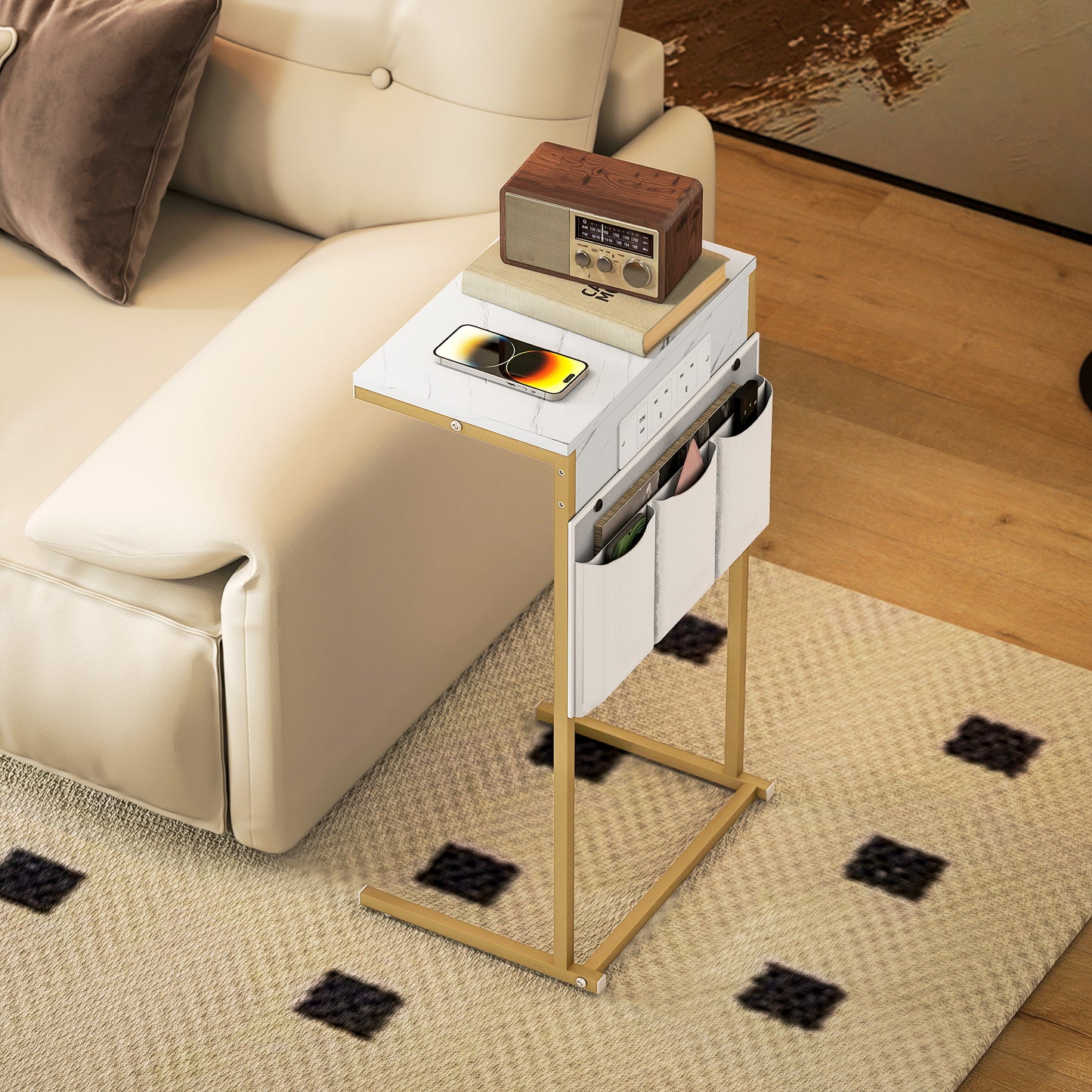 HOMCOM C-Shaped Bedside Table with Charging Station, Marble Grain Side Table with Power Outlets & USB Ports, Storage Bags, for Bedroom, Living Room, White