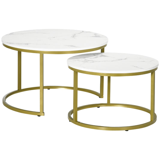 Photo of HOMCOM Coffee Table Set of 2, Round Nest of Tables with Metal Frame, Modern Side Tables for Living Room, White in White colour on a white background