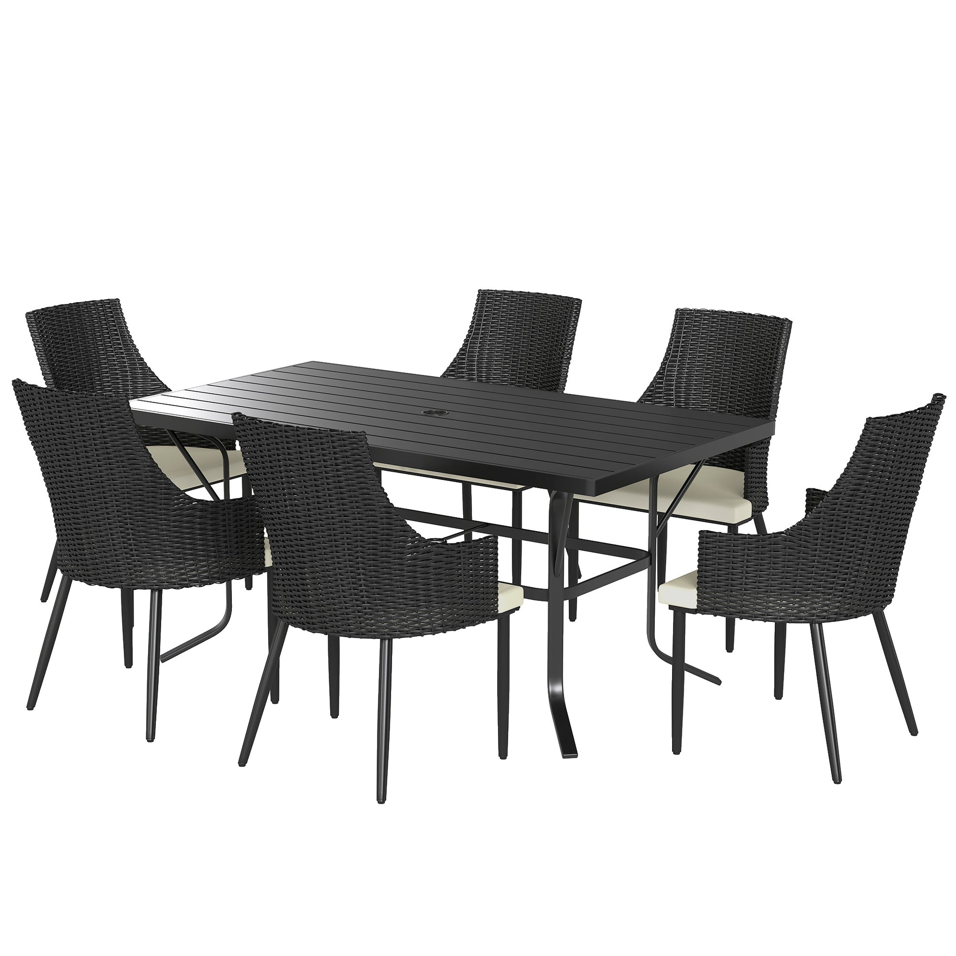 Photo of Outsunny 6 Seater Rattan Dining Set with Cushions, Garden Furniture Set with Armchairs, Rectangle Slatted Table Top, Steel Frame, Parasol Hole, Wicker Outdoor Furniture for Patio, Balcony, Cream White in White colour on a white background