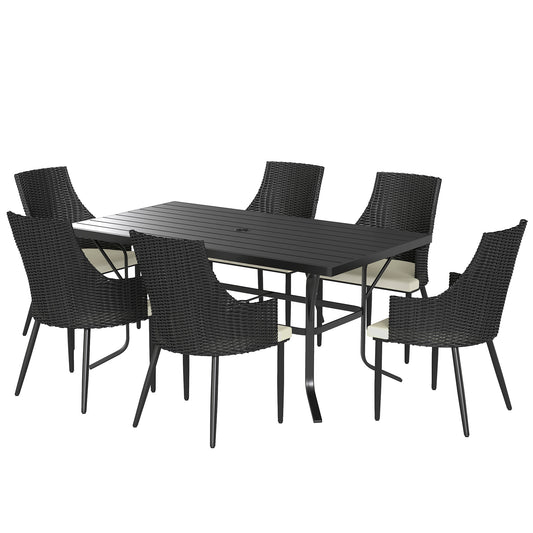 Photo of Outsunny 6 Seater Rattan Dining Set with Cushions, Garden Furniture Set with Armchairs, Rectangle Slatted Table Top, Steel Frame, Parasol Hole, Wicker Outdoor Furniture for Patio, Balcony, Cream White in White colour on a white background