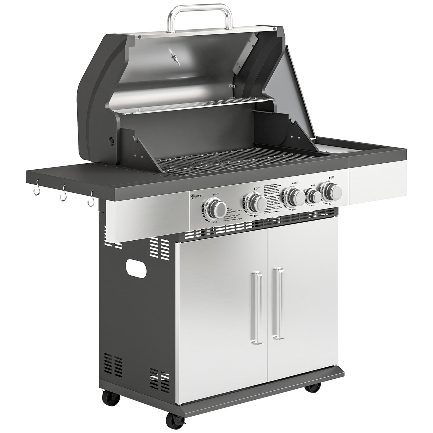 Photo of Outsunny 4+1 Burner Gas BBQ Grill, Portable Gas Barbecue Grill with Side Burner, Warming Rack, Side Shelf, Storage Cabinet in Cabinet colour on a white background