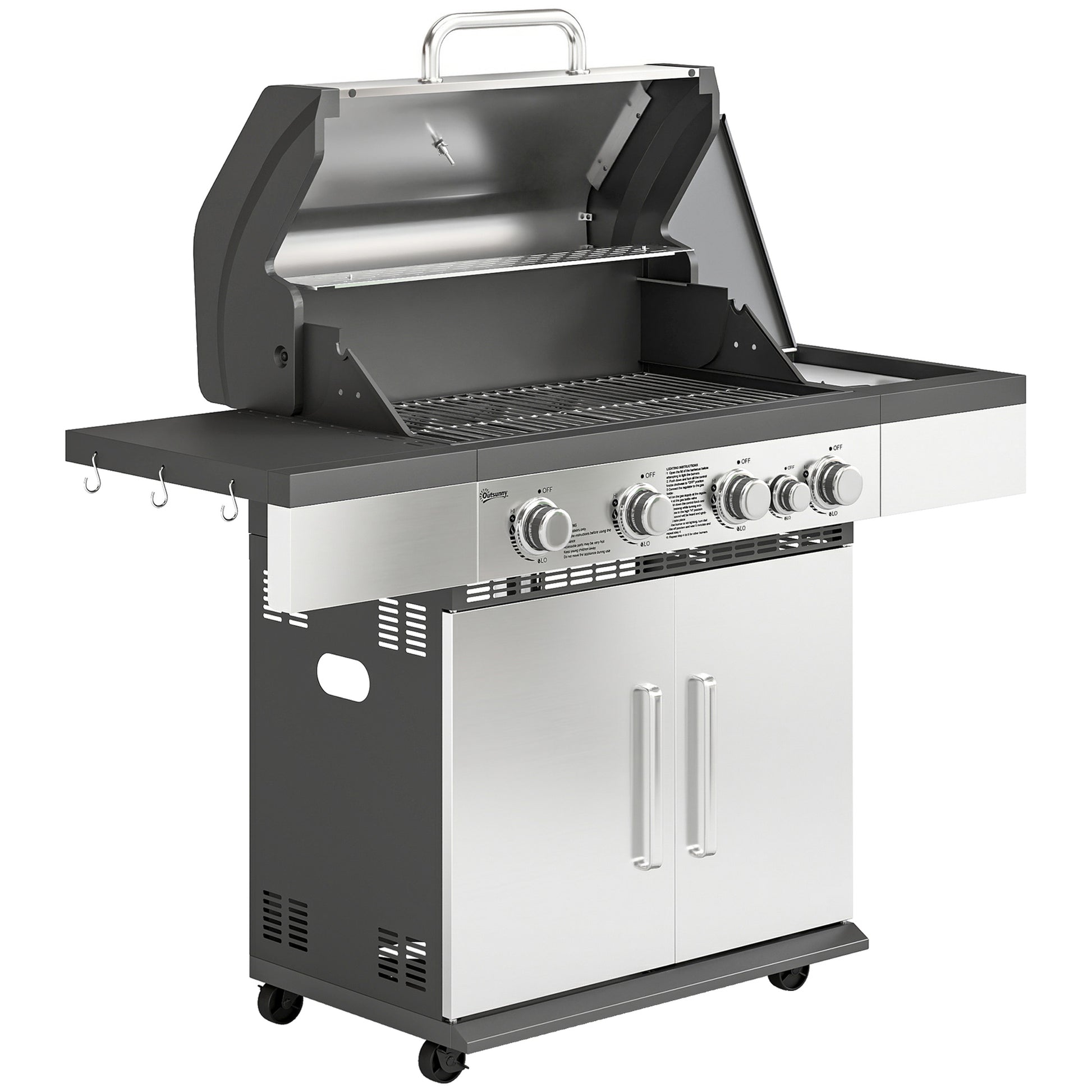 Photo of Outsunny 4+1 Burner Gas BBQ Grill, Portable Gas Barbecue Grill with Side Burner, Warming Rack, Side Shelf, Storage Cabinet in Cabinet colour on a white background