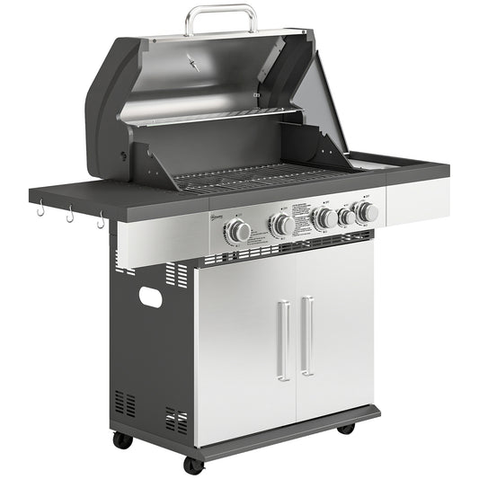 Photo of Outsunny 4+1 Burner Gas BBQ Grill, Portable Gas Barbecue Grill with Side Burner, Warming Rack, Side Shelf, Storage Cabinet in Cabinet colour on a white background