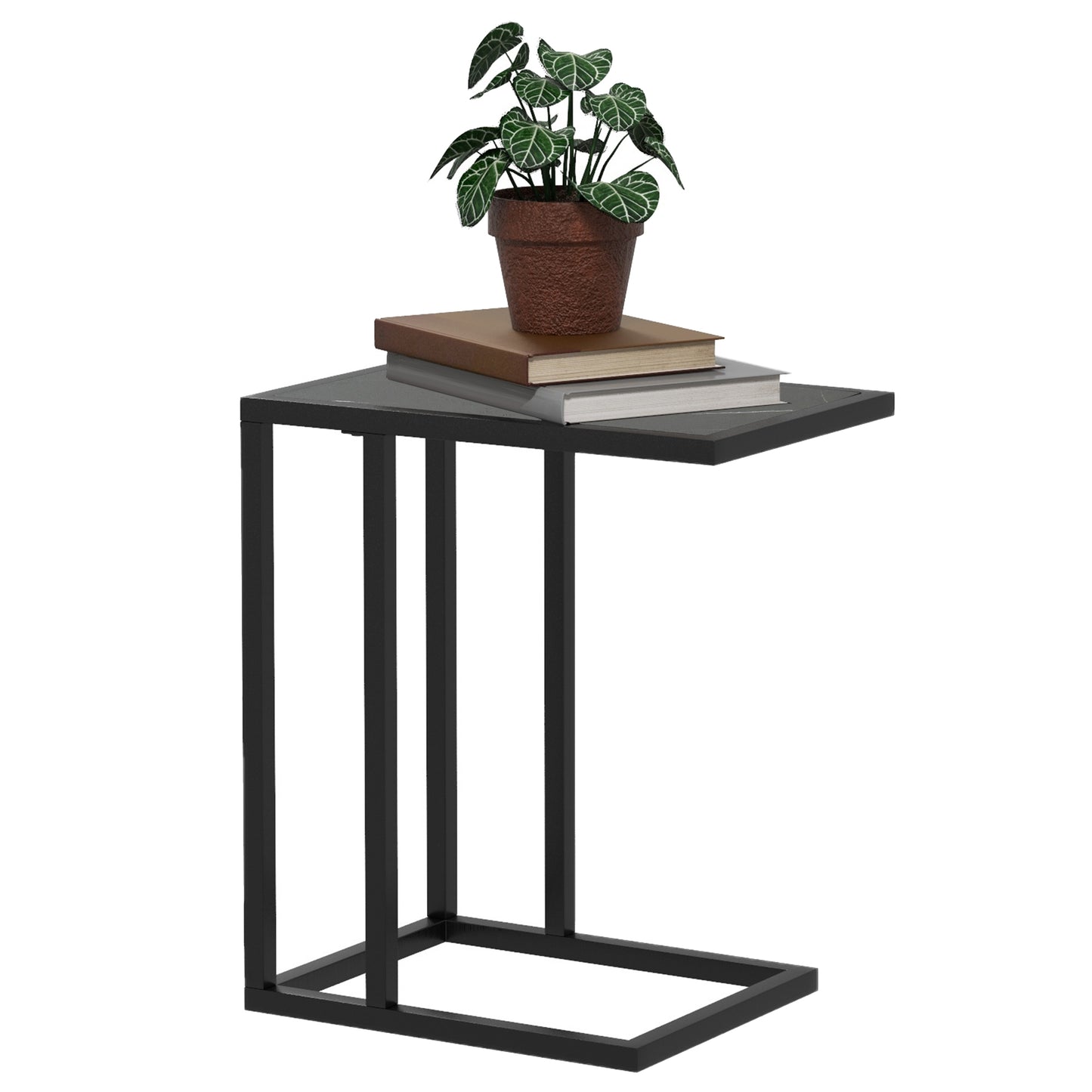 Photo of HOMCOM C Shape Bedside Table w/Metal Frame Marble-Effect Top Sofa Narrow Snack End Table for Living Room, Black in Black colour on a white background