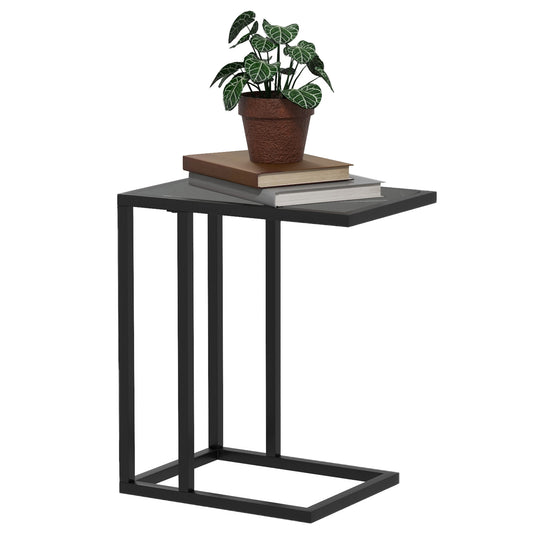 Photo of HOMCOM C Shape Bedside Table w/Metal Frame Marble-Effect Top Sofa Narrow Snack End Table for Living Room, Black in Black colour on a white background