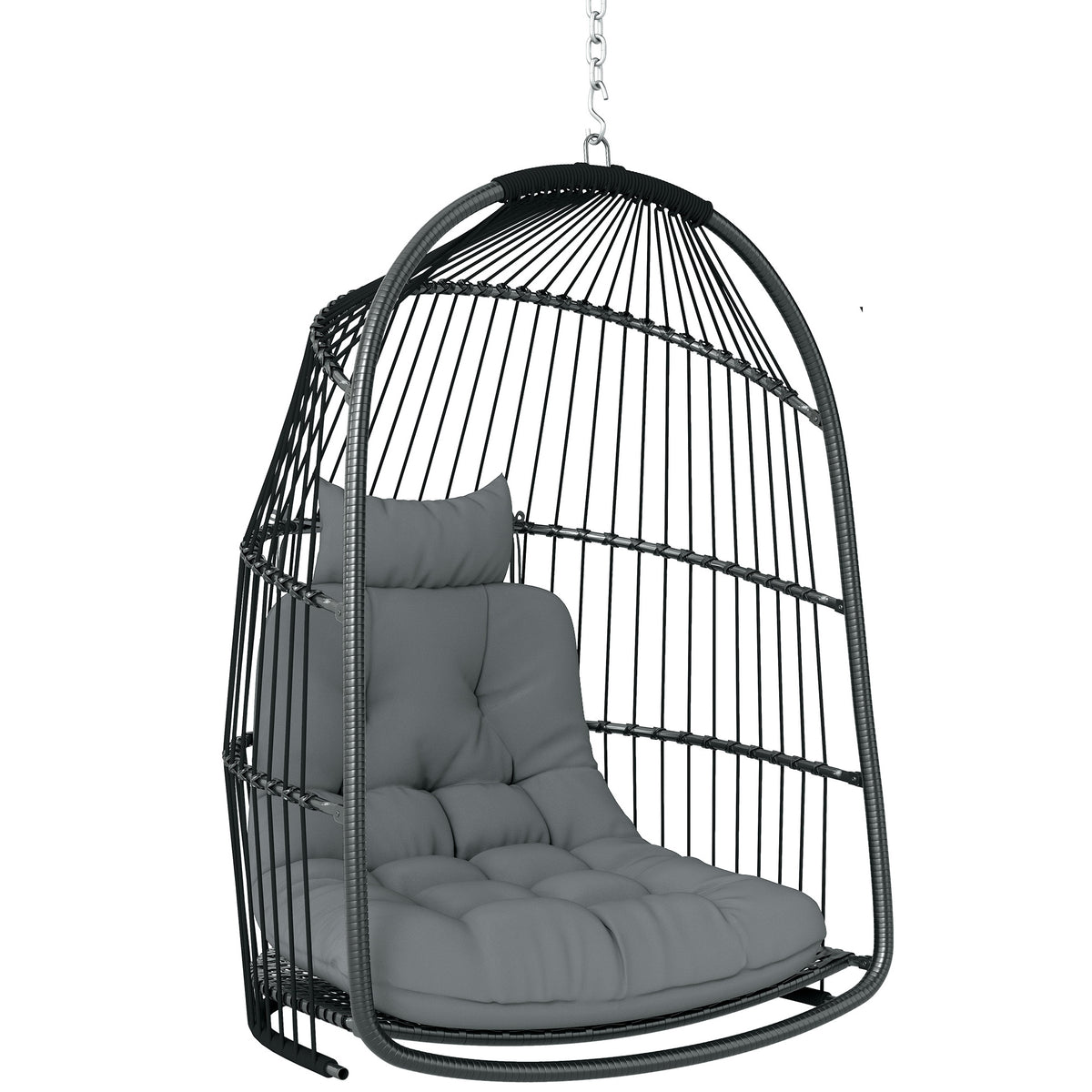 Dark gray hanging egg chair with a woven frame, chain, tufted seat cushion and headrest