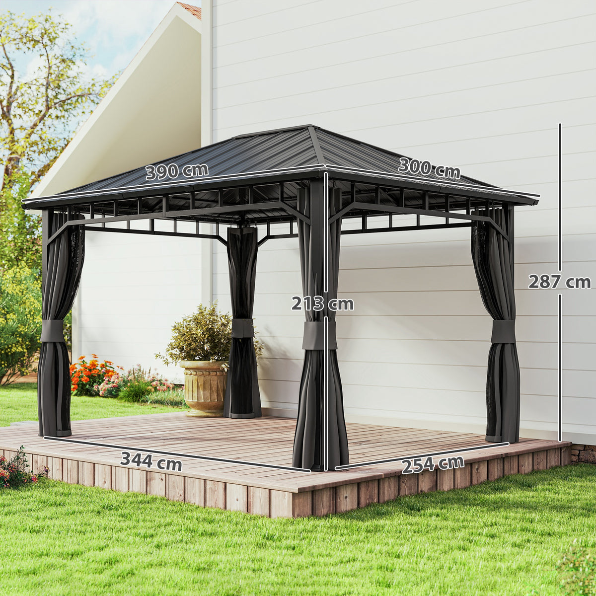 Outsunny hardtop gazebo with curtains and dimensions marked on the frame