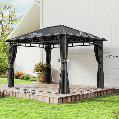 Outsunny hardtop gazebo with curtains and dimensions marked on the frame