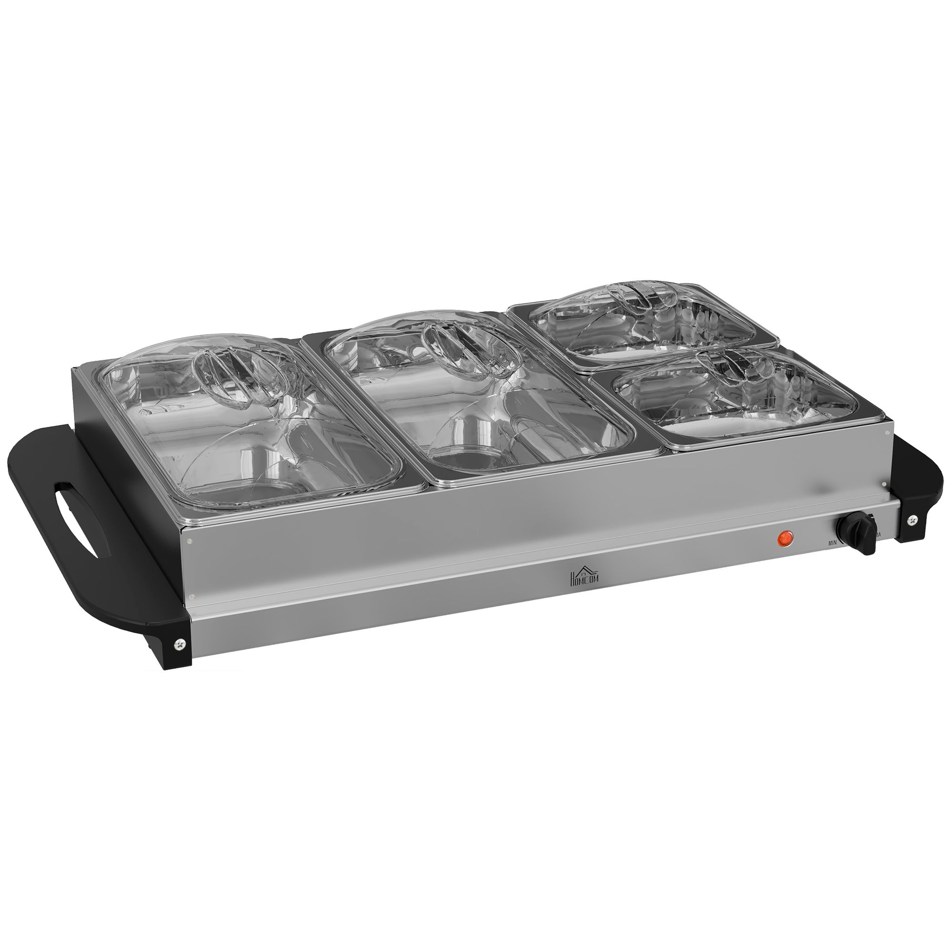 Photo of HOMCOM 4 Tray Electric Food Warmer Buffet Server with Warming Plate, Cool Touch Handles, Adjustable Temperature, 300W, 2 x 2.4L and 2 x 1L Pans in Pans colour on a white background