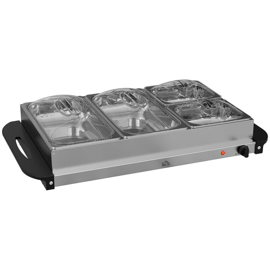 Photo of HOMCOM 4 Tray Electric Food Warmer Buffet Server with Warming Plate, Cool Touch Handles, Adjustable Temperature, 300W, 2 x 2.4L and 2 x 1L Pans in Pans colour on a white background