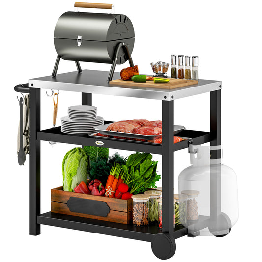 Photo of Outsunny Outdoor Grill Dining Cart 3-Shelf Movable Pizza Oven Table Stand with Stainless Steel Top, Portable BBQ Trolley Food Prep Outdoor Kitchen Barbecue Station with Hooks Wheels, Charcoal Grey in Grey colour on a white background