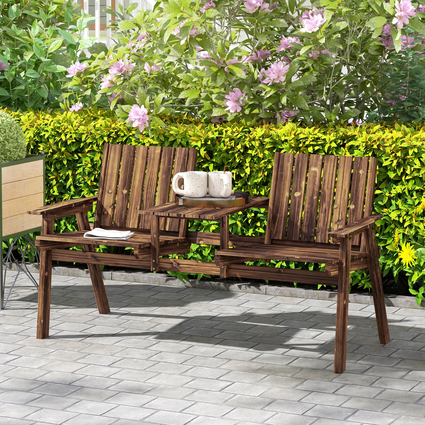 Outsunny 2-Seater Garden Loveseat with Table and Parasol Hole for Porch, Patio, Carbonised Finish